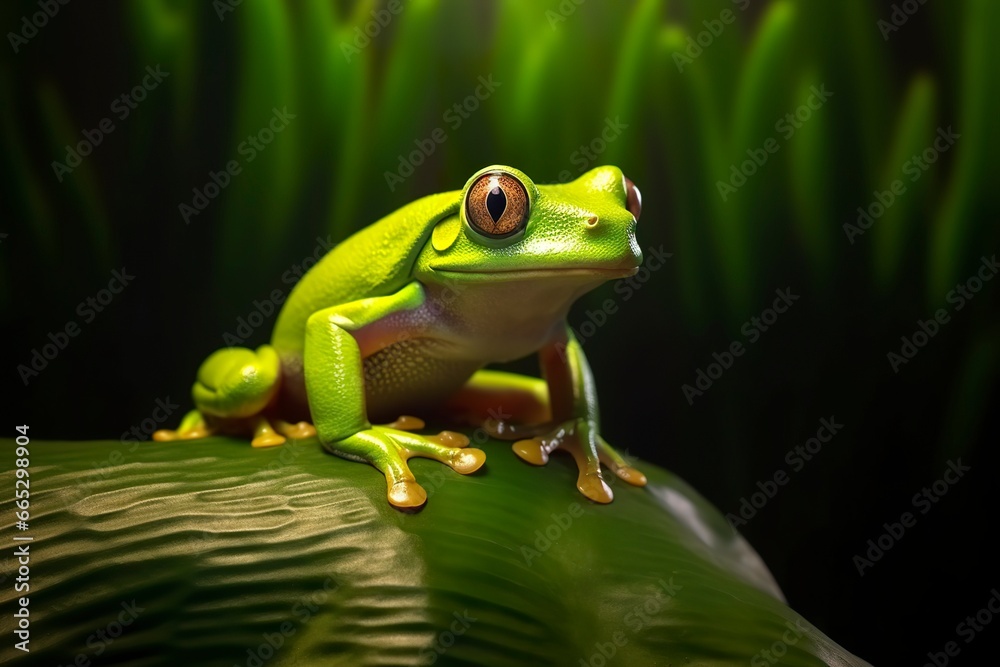 Naklejka premium Tree Frog sitting on plant.