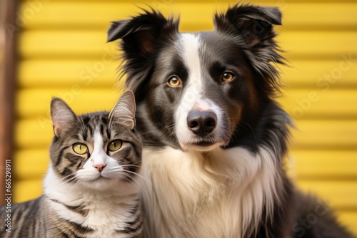 Cat and dog together with happy expressions. AI Generated © Fatema