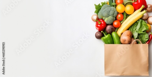Healthy food in paper bag vegetables and fruits on white background.