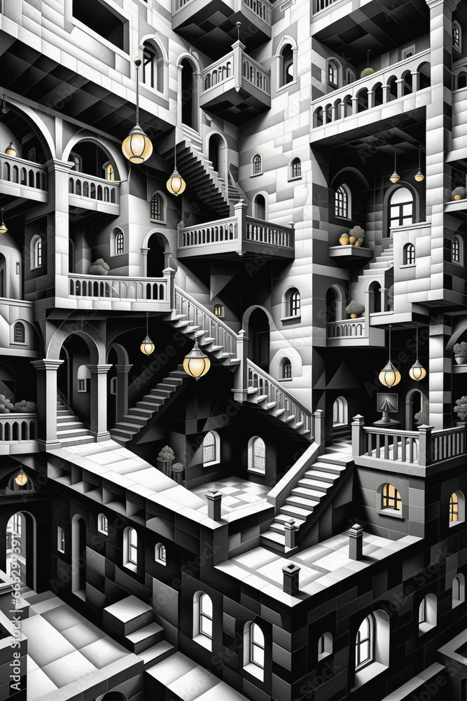 a black and white photo of a building with stairs, a detailed drawing ...