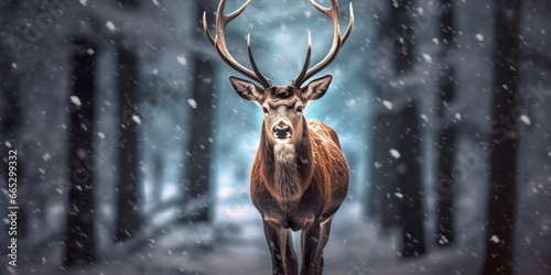 Noble deer male in the winter snow forest. Artistic winter Christmas landscape. © Fatema