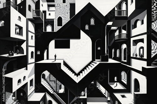 a black and white photo of a building with stairs, a detailed drawing by MC Escher, shutterstock contest winner, abstract illusionism, ray tracing, ambient occlusion, surrealist, Generative AI