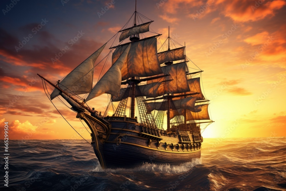 Obraz premium Pirate ship sailing on the ocean at sunset. Vintage cruise.