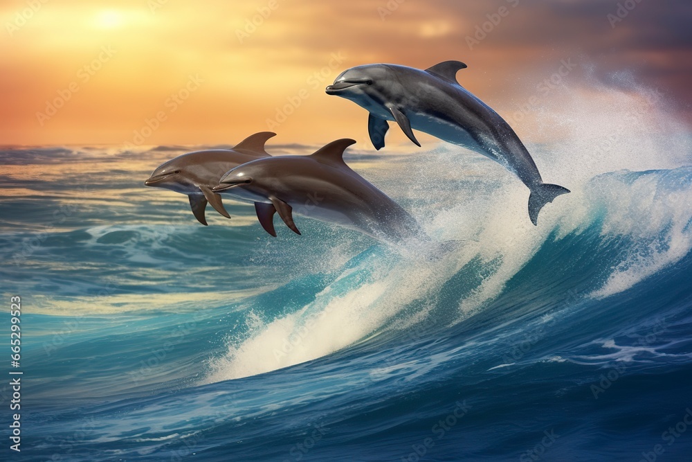 Fototapeta premium Playful dolphins jumping over breaking waves. Hawaii Pacific Ocean wildlife scenery.