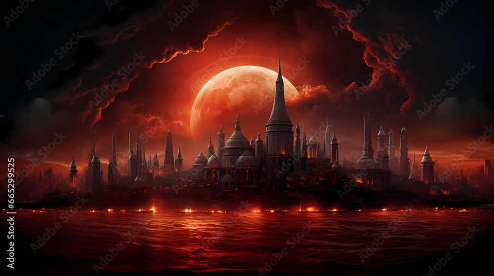 the blood moon during a lunar eclipse rising - obrazy, fototapety, plakaty 