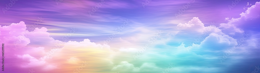 Rainbow sky with fluffy clouds. Multicolored toned sky.