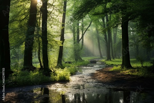 Pictures of peaceful woods, filled with vibrant green trees and gentle sunrays piercing through, evoking serenity and awe. Generative AI © Michael