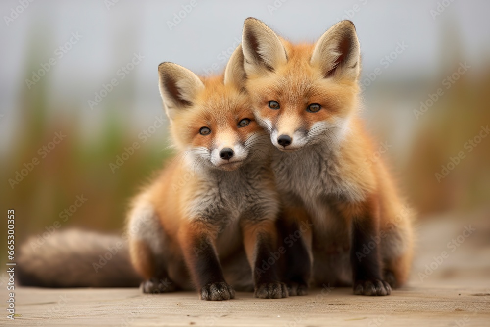 Wild baby red foxes cuddling at the beach. Wild baby red foxes cuddling at the beach.