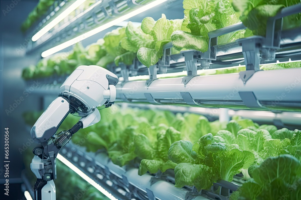 Automatic Agricultural Technology With Close-up View Of Robotic Arm Harvesting Lettuce In Vertical Hydroponic Plant.