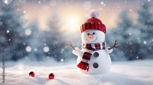 Happy snowman in the winter scenery. © Fatema