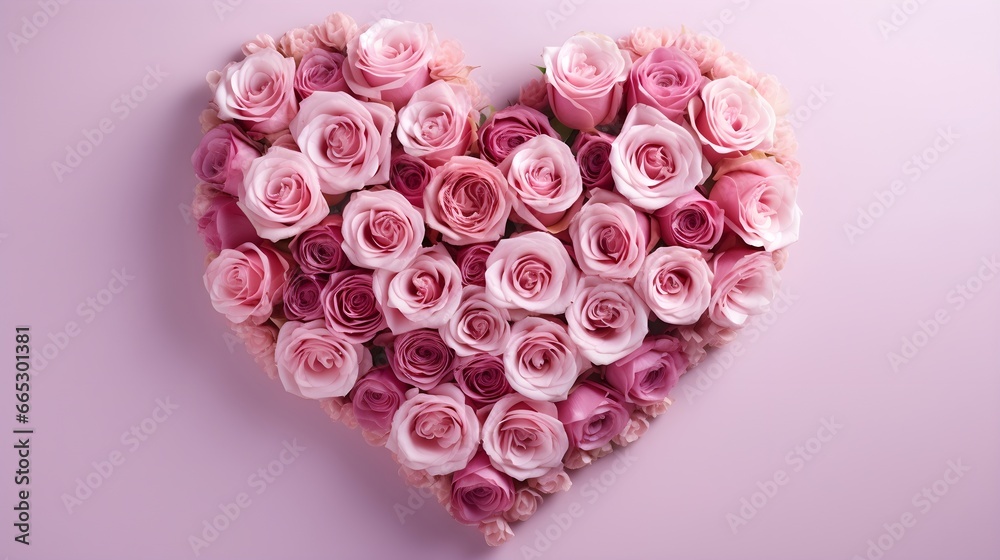 Pink Roses arranged in a heart shape on pink background, banner, landscape, Valentine's Day love theme with copy space Pink Roses arranged in a heart shape on pink background, banner, landscape, Valentine's Day love theme with copy space