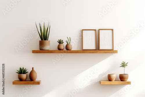 Stylish Wood Floating Shelf Adorned with Frames and Vases on a Clean White Wall for Home Storage and Organization © Moward