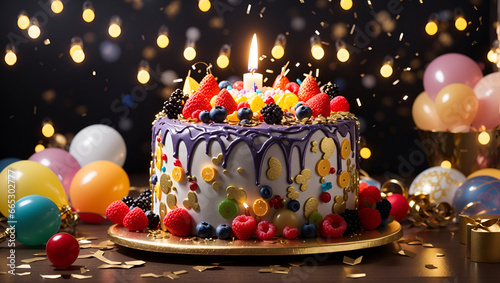 Birthday celebration with a decadent birthday cake decorated with candlelight, balloons, confetti