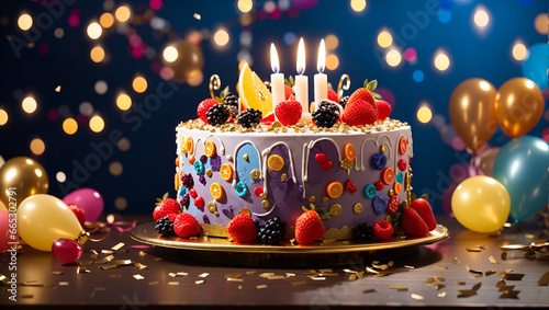 Birthday celebration with a decadent birthday cake decorated with candlelight, balloons, confetti