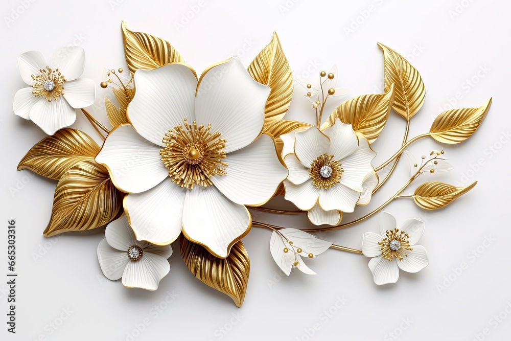 3d gold flowers white backgroung. - obrazy, fototapety, plakaty 