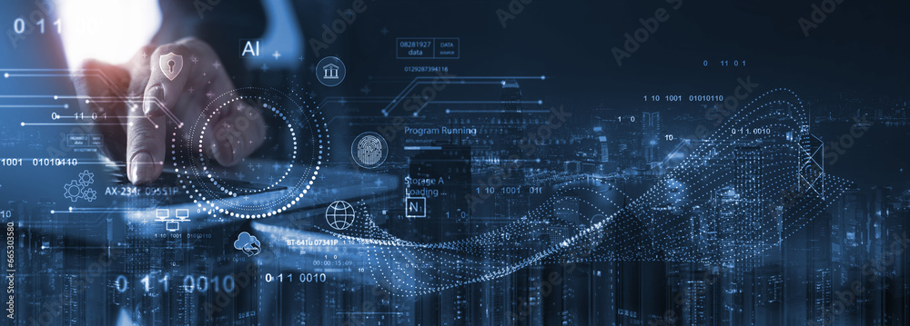 Computer programmer programming on laptop with AI and data science ...