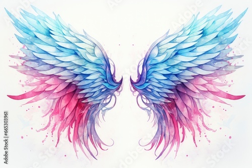 Beautiful magic watercolor blue pink wings. © Fatema