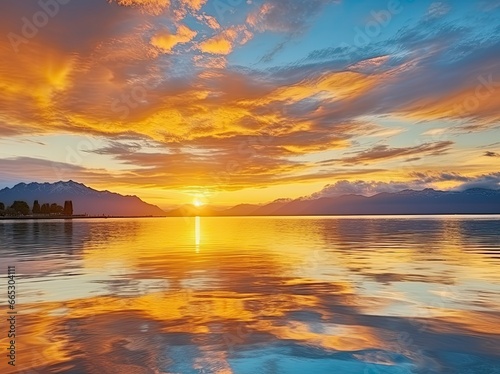 Bright sunset over Lake golden clouds reflect in the water.