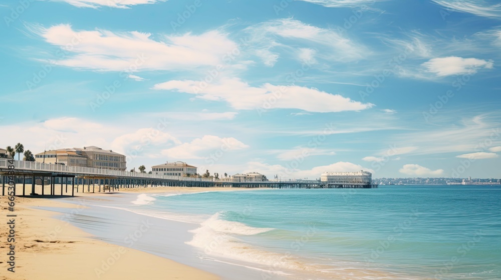 Background image of seascape of mediterranean resort coast with calm sea, sandy beach and pier