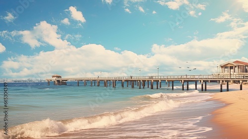 Background image of seascape of mediterranean resort coast with calm sea, sandy beach and pier © Ferdous