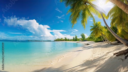 Beautiful beach with white sand  shadows from leaves of palm trees  turquoise ocean water and blue sky with clouds in sunny day. Panoramic view. Natural background for summer vacation