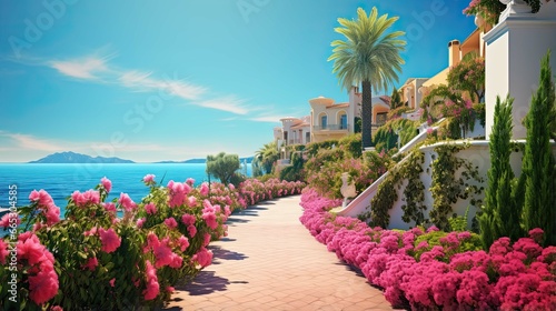 Beautiful mediterranean resort promenade with blooming colorful oleanders and palm trees against the blue sky photo