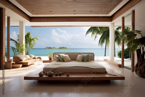 luxury minimalist bedroom with tropical theme, giant bed and sofa. © Maizal