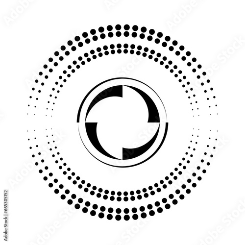Black halftone dots and lines in circle form. Geometric art. Design element for border frame, round logo, blackout tattoo, sign, symbol, social media, prints, template, pattern and backdrop