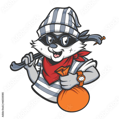 thief raccoon with money bag logo