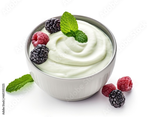 Green bowl of greek yogurt and fresh berries isolated on white background.
