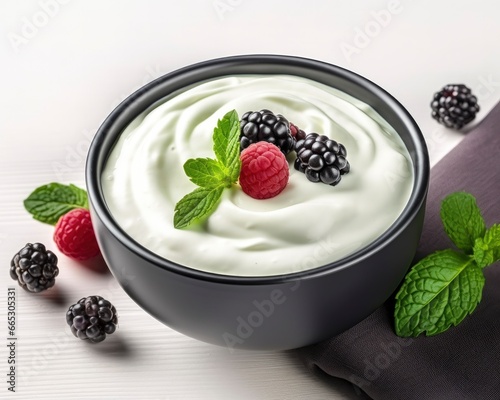 Green bowl of greek yogurt and fresh berries isolated on white background.