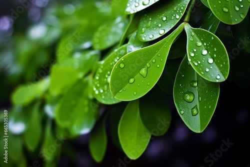 Green leaves with water droplets on them.
