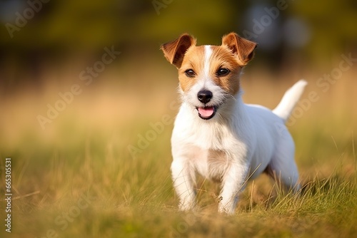 Happy jack russell terrier pet dog waiting, listening in the grass. © Fatema