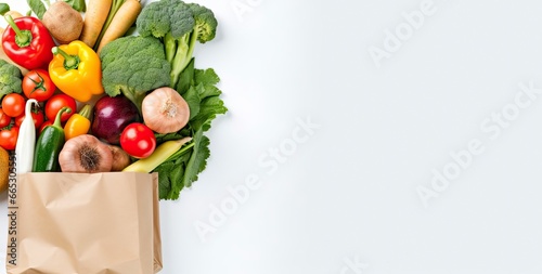 Healthy food in paper bag vegetables and fruits on white background.