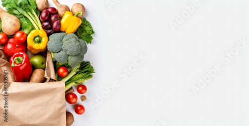 Healthy food in paper bag vegetables and fruits on white background. © Fatema
