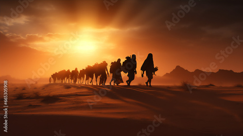 Silhouettes of refugees walking in random rows and carrying various kinds of goods.