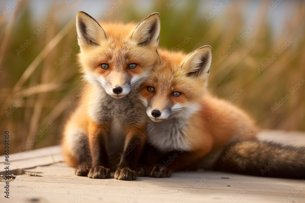 Wild baby red foxes cuddling at the beach. Wild baby red foxes cuddling at the beach.
