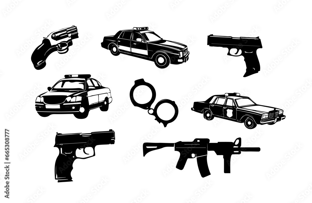 Police Weapon Gun Illustration Set, Police Drawing Set, Police Vehicle Vector, Vector Guns