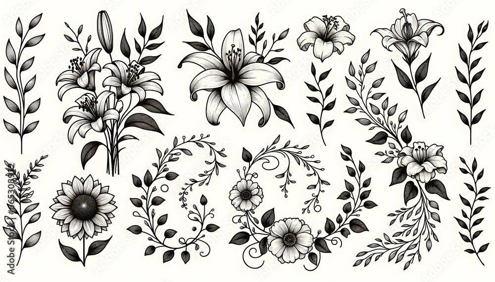 vector outline illustration set showcasing a collection of hand-drawn doodle flower silhouettes.