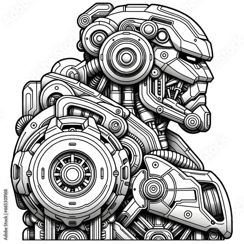  Side view vector cartoon of a mechanical robot, coloring page