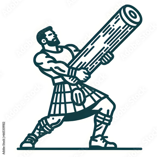 Caber toss. Scottish strongman athlete vector icon. Scotland man in kilt tossing the caber at highland games. Line art illustration 