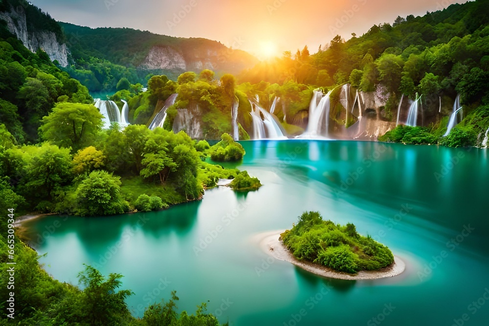 Exotic waterfall and lake landscape of Plitvice Lakes National Park, UNESCO natural world heritage and famous travel destination of Croatia. The lakes are located in central Croatia (Croatia proper - obrazy, fototapety, plakaty 