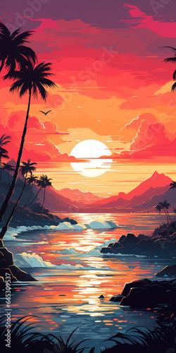 Dark palm trees silhouettes on colorful tropical ocean sunset summertime background. Beach sunset illustration with vibrant gradient sky. Summer time travel and vacation wallpaper.