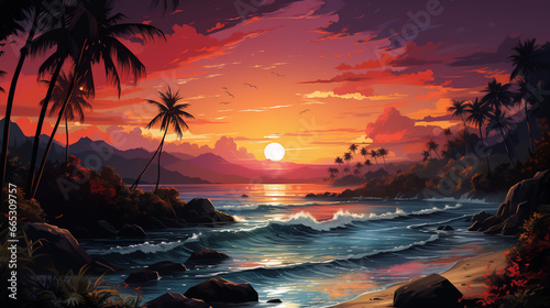 Dark palm trees silhouettes on colorful tropical ocean sunset summertime background. Beach sunset illustration with vibrant gradient sky. Summer time travel and vacation wallpaper. © AlexRillos