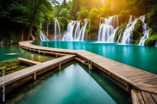 Exotic waterfall and lake landscape of Plitvice Lakes National Park, UNESCO natural world heritage and famous travel destination of Croatia. The lakes are located in central Croatia (Croatia proper