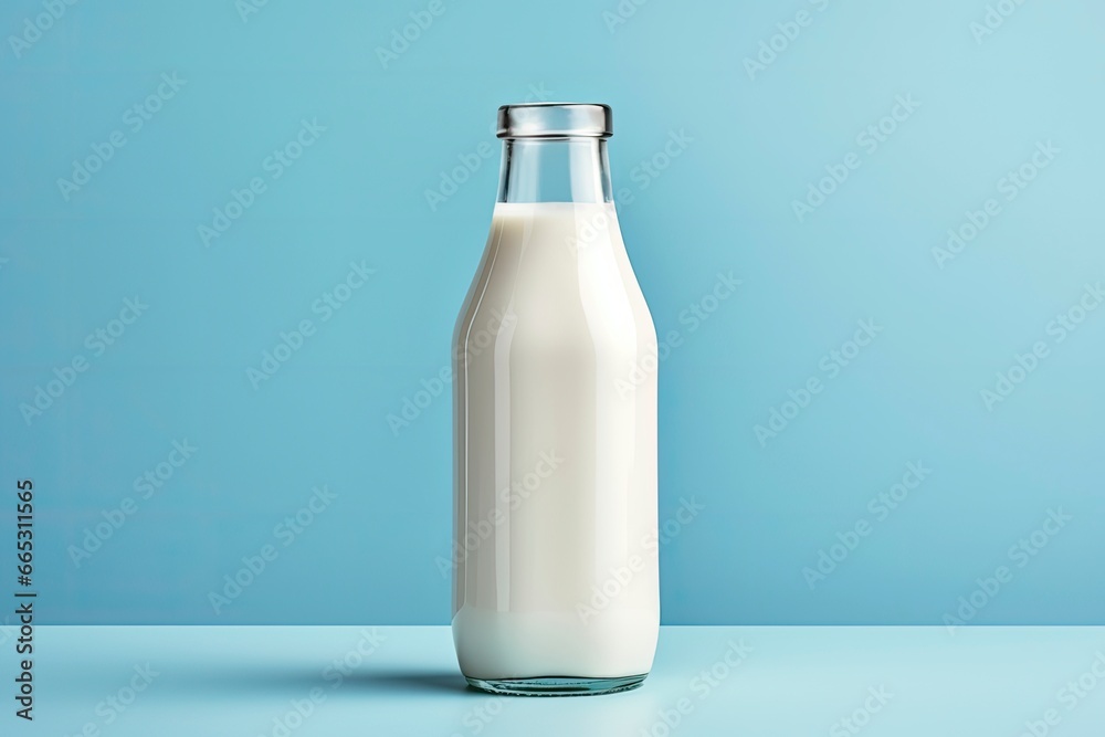 A glass bottle with full milk on blue background. A glass bottle with full milk on blue background.