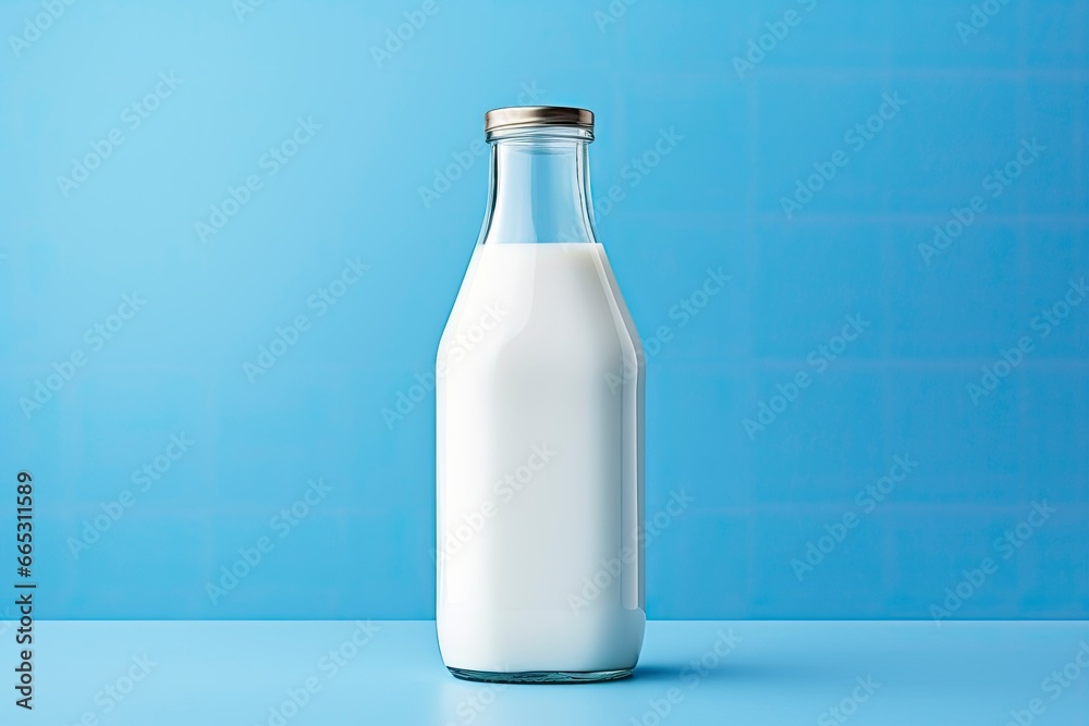 A glass bottle with full milk on blue background. A glass bottle with full milk on blue background.