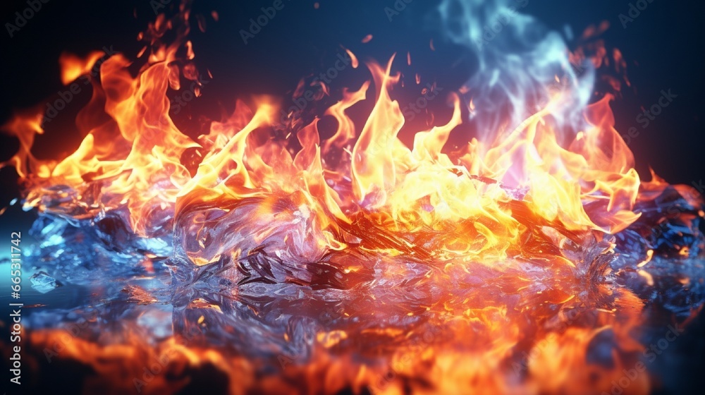 3D illustration of a fire and ice concept design with a spark. 