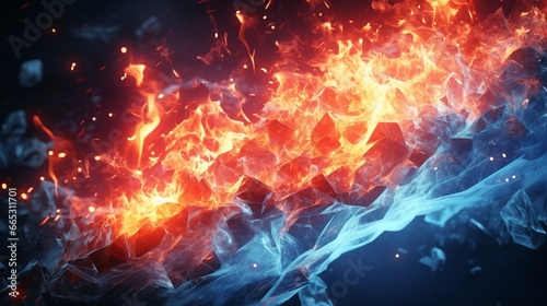 3D illustration of a fire and ice concept design with a spark. 