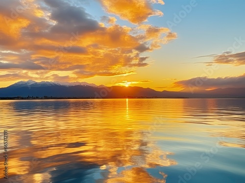 Bright sunset over Lake golden clouds reflect in the water. © MdAbdul